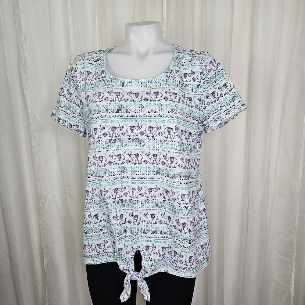 Talbots Teal White Elephant Print Tee Tie Front Hem Large